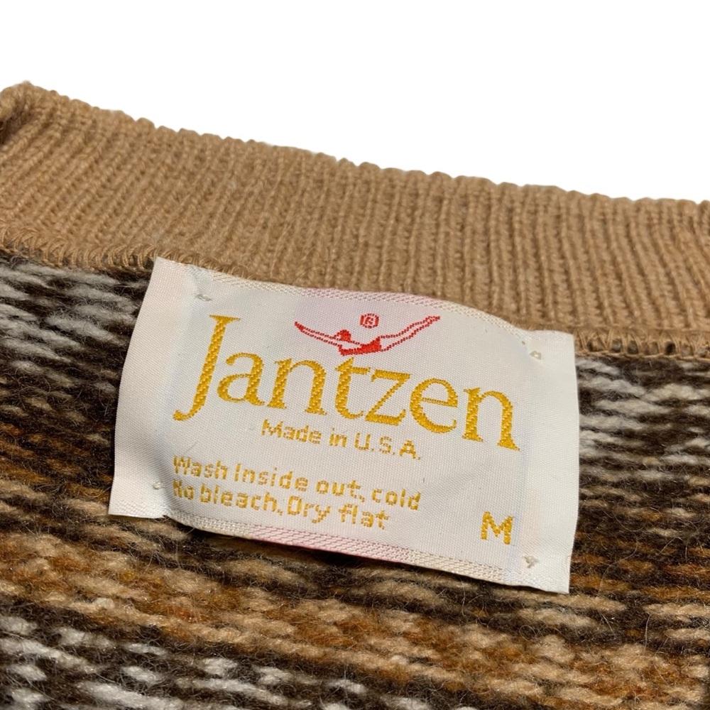 Vintage Jantzen Fair Isle Sweater Tan Brown Grandpa Core V Neck Medium M - Picture 6 of 8